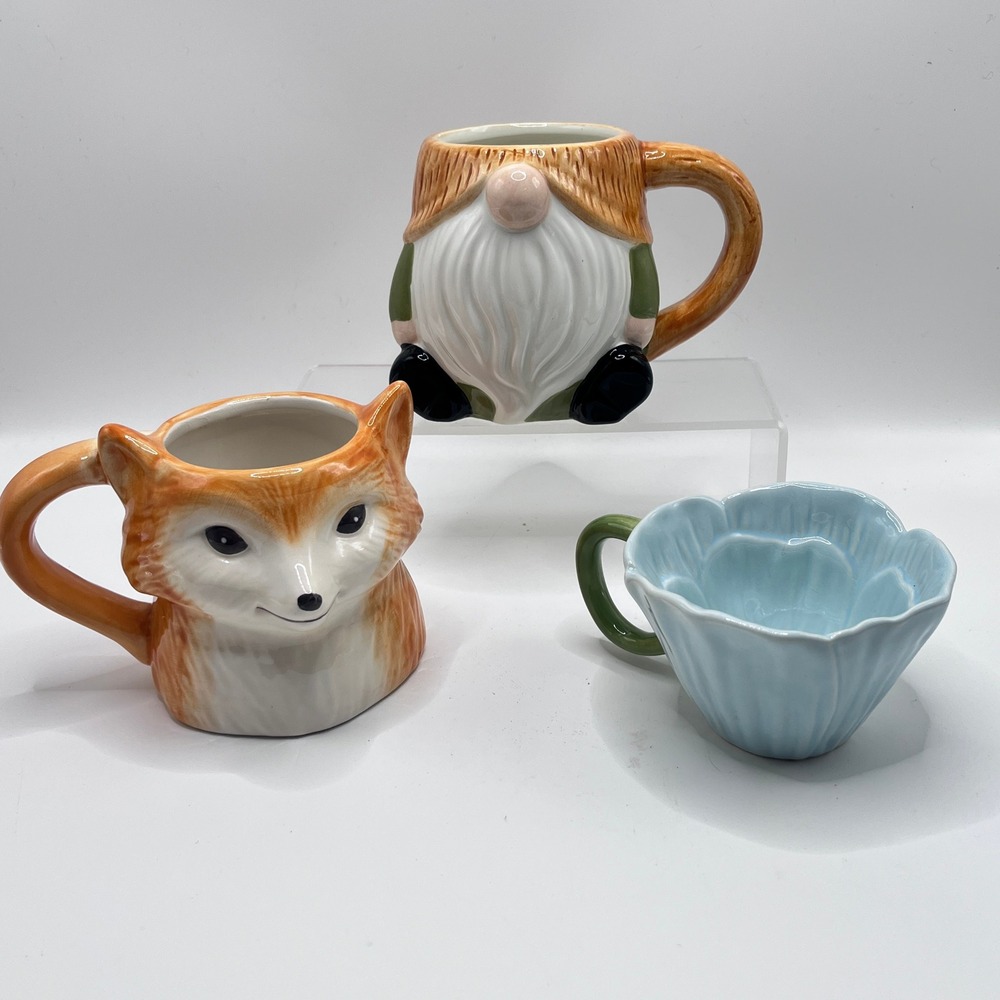 Forest Friends Mug Set Fox Gnome Flower Whimsical Woodland Coffee Cups 3pc
